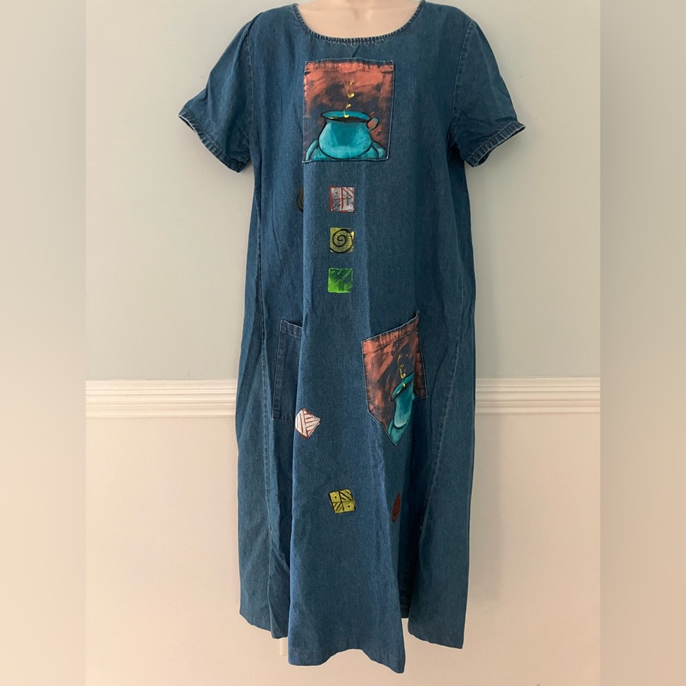 RAMA USA vintage denim maxi dress baggy artsy hand painted coffee Boho whimsy M